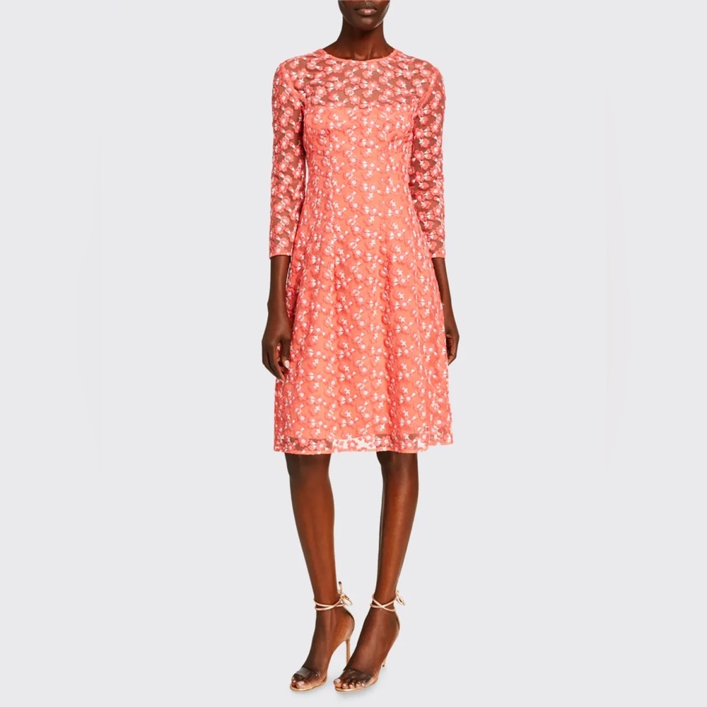 NWT Lela Rose Holly Floral Embroidered A-Line Mesh Tulle Dress in Peony, Size 16